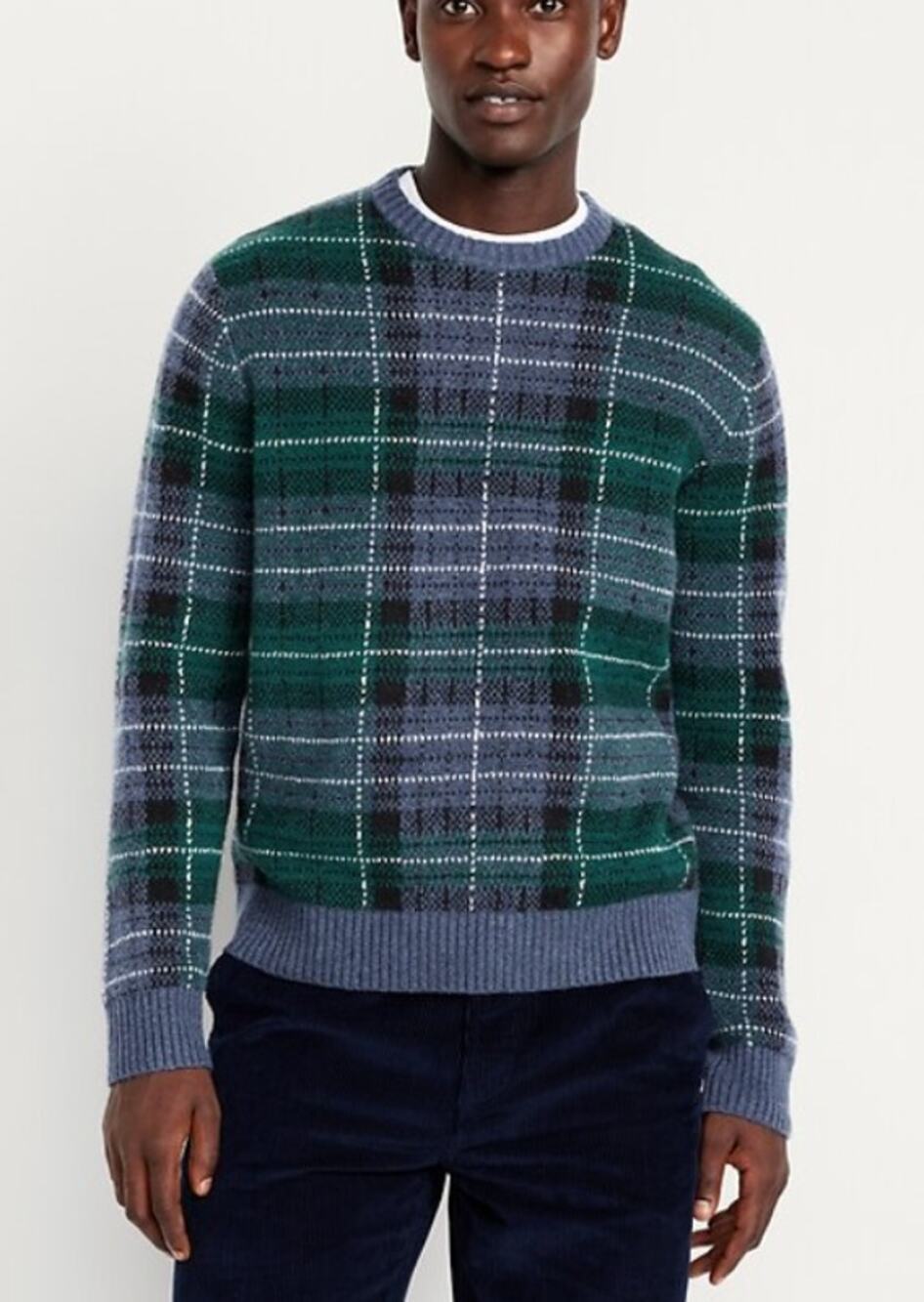 Old Navy Men's SoSoft Crew Neck Sweater Green Blue Plaid Retro Preppy Medium